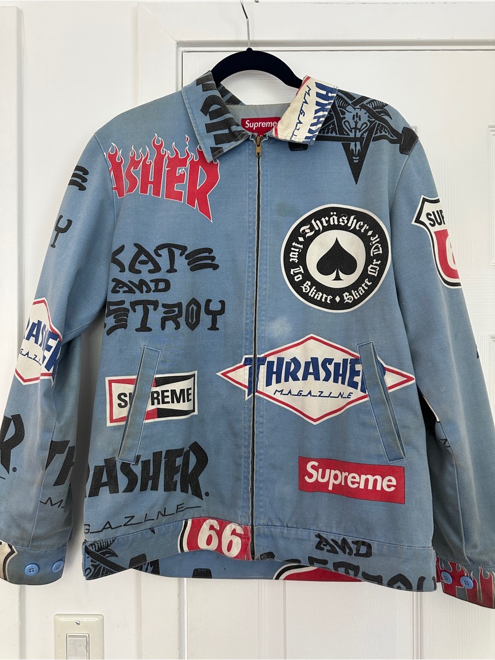 Supreme Light Blue Graphic Patch Work Wear Jacket
